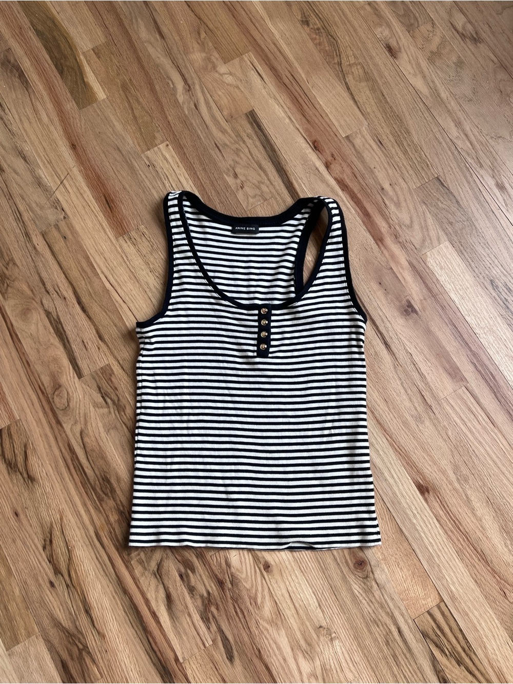 ANINE BING Striped Black & White Tank Top with gold button detail